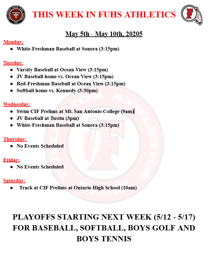 Athletic Schedule for the week of 5/5/2025